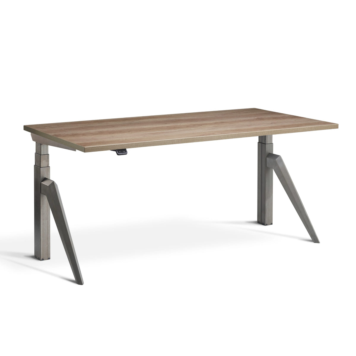 Designer standing desk with Raw Steel  Frame and Grey Nebraska Oak Desk Top, front view
