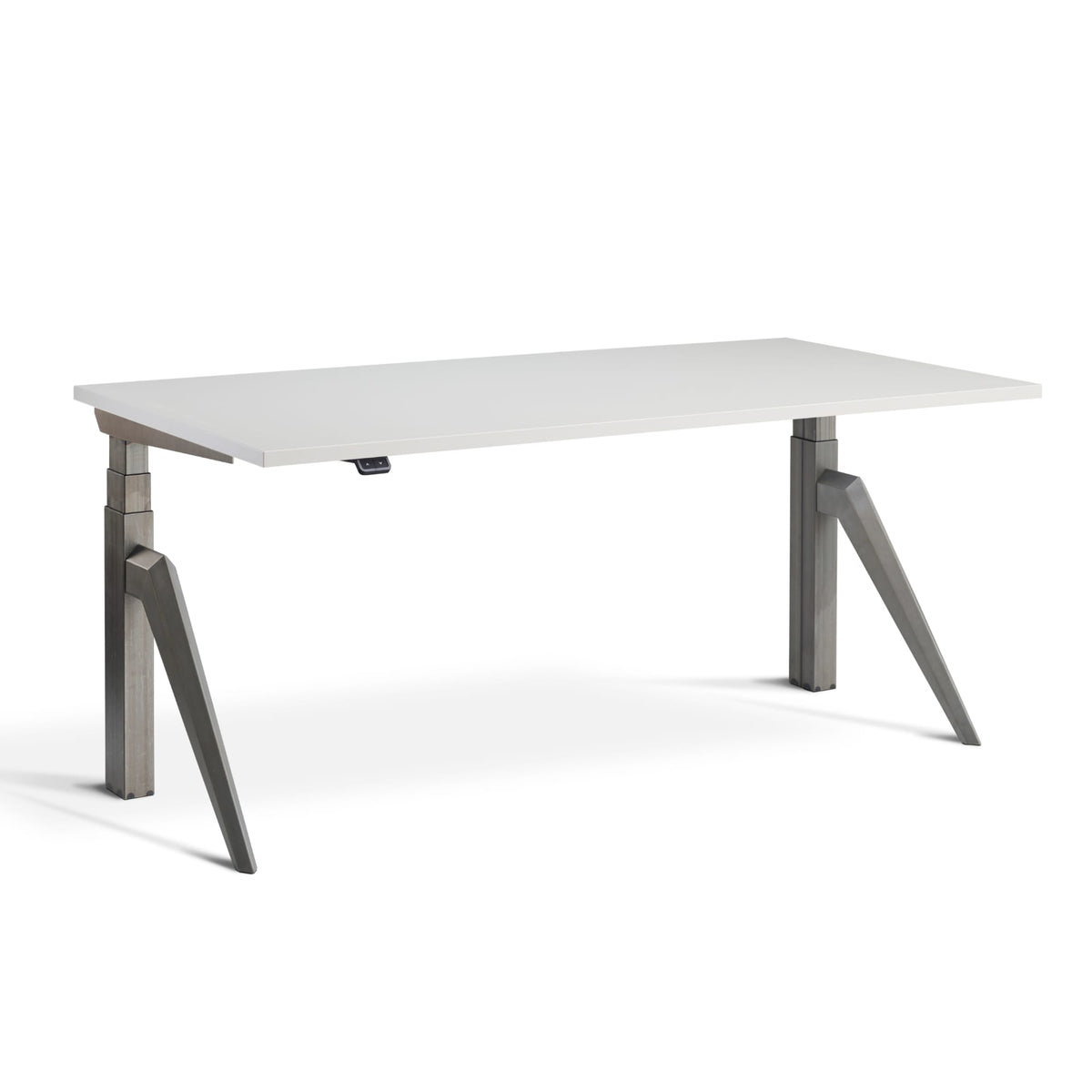Designer adjustable desk with Light Grey Desk Top and Raw Steel  Frame, view from the front