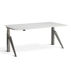 Designer adjustable desk with Light Grey Desk Top and Raw Steel  Frame, view from the front