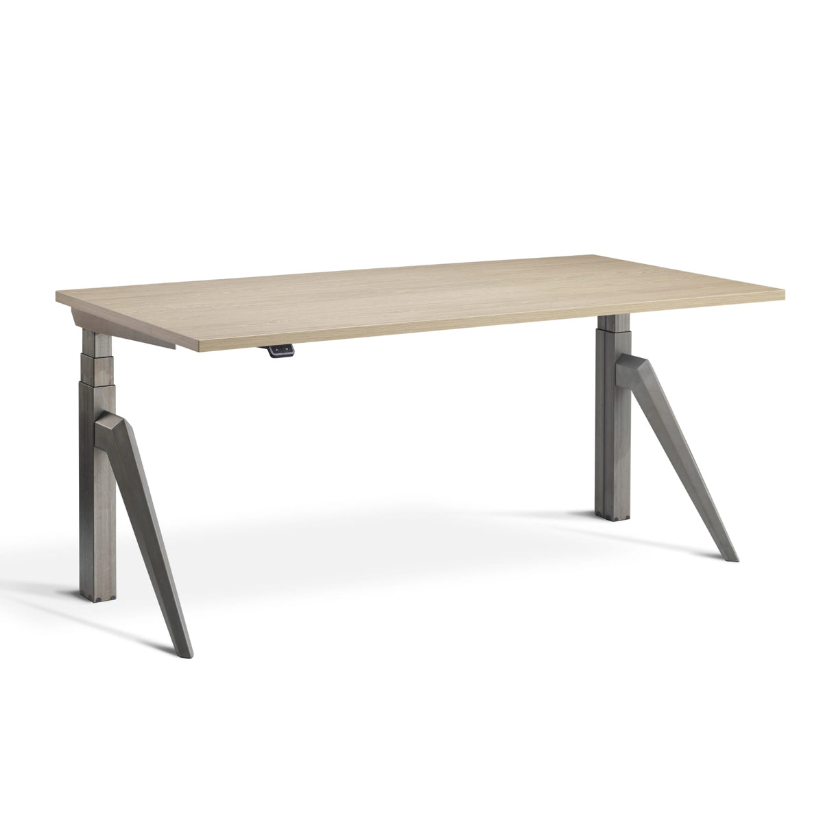 Designer sit stand desk with Raw Steel  Frame and Natural Oak Desk Top, front view