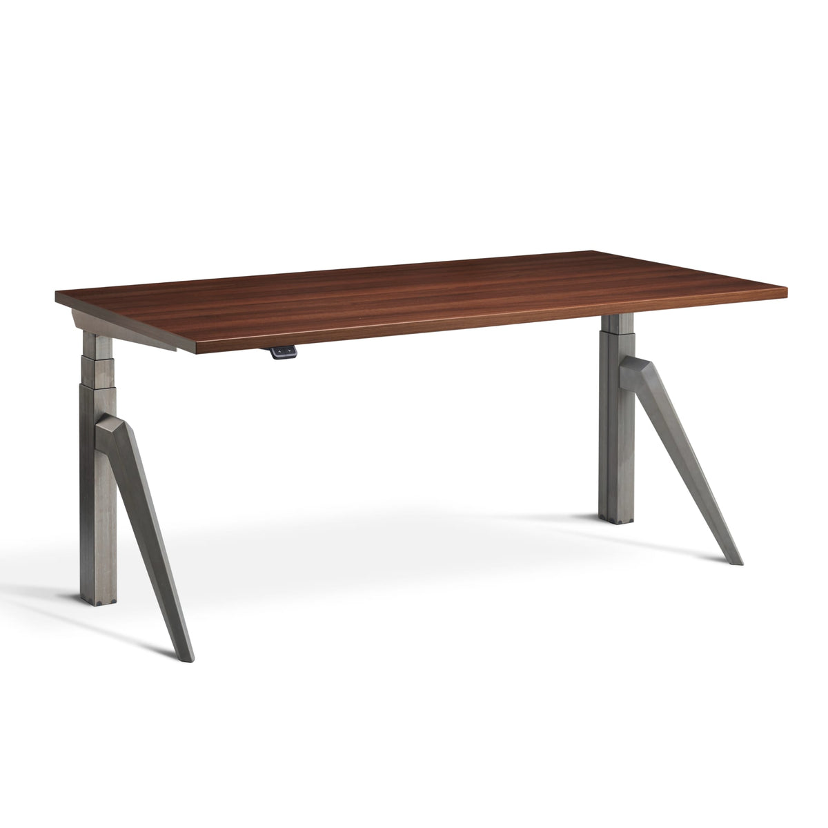 Designer standing desk - Raw Steel  Frame and Natural Dijon Walnut Top, view from the front