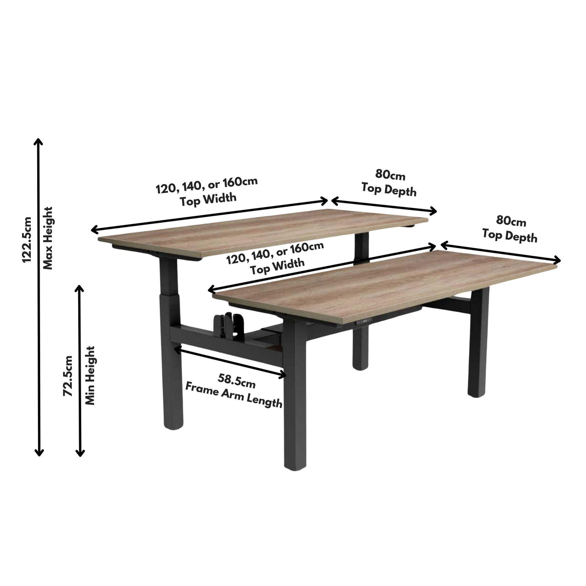 Back to Back Height Adjustable Desk - YoYo Duo Dimensions