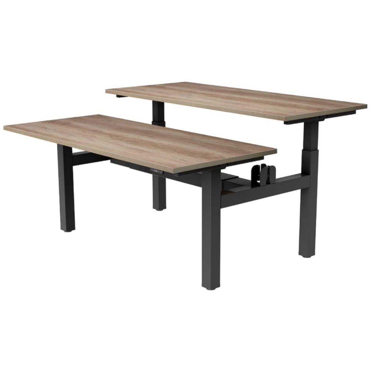 Back to Back Height Adjustable Desk - Yo Yo Duo - Black Frame - Grey Nebraska Oak Top - Studio Image