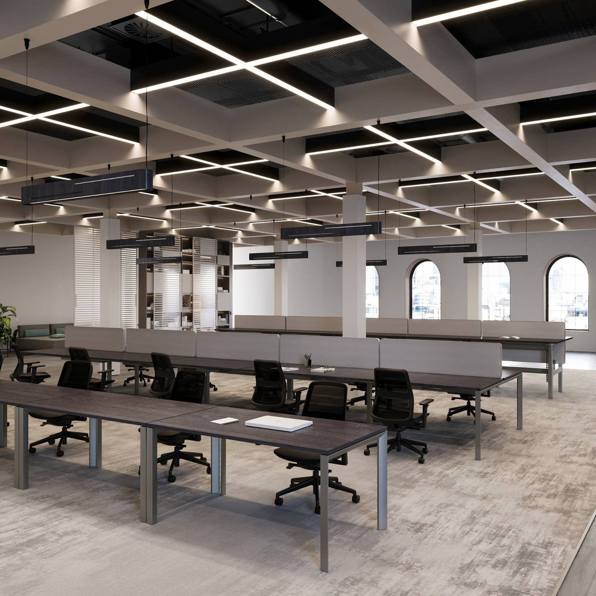 Bench Desk for 10 People - Firmo Multiple Desks - Anthracite Frame - Office Setup - Front Side View