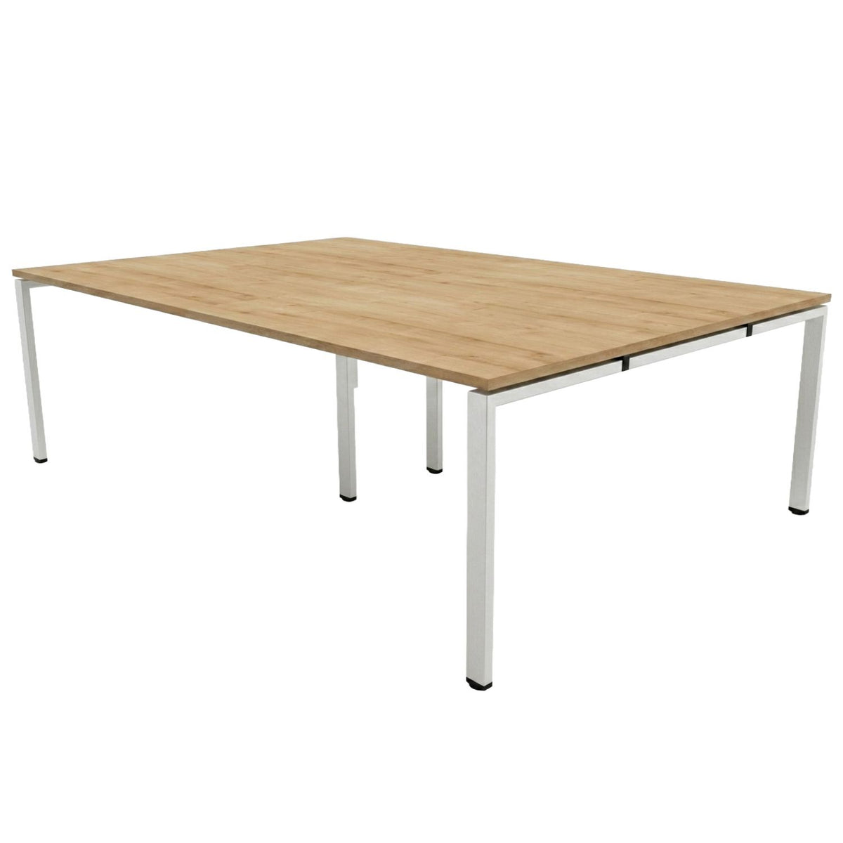 Bench desk for 4 people with oak-effect desk top and silver frame on a plain white background