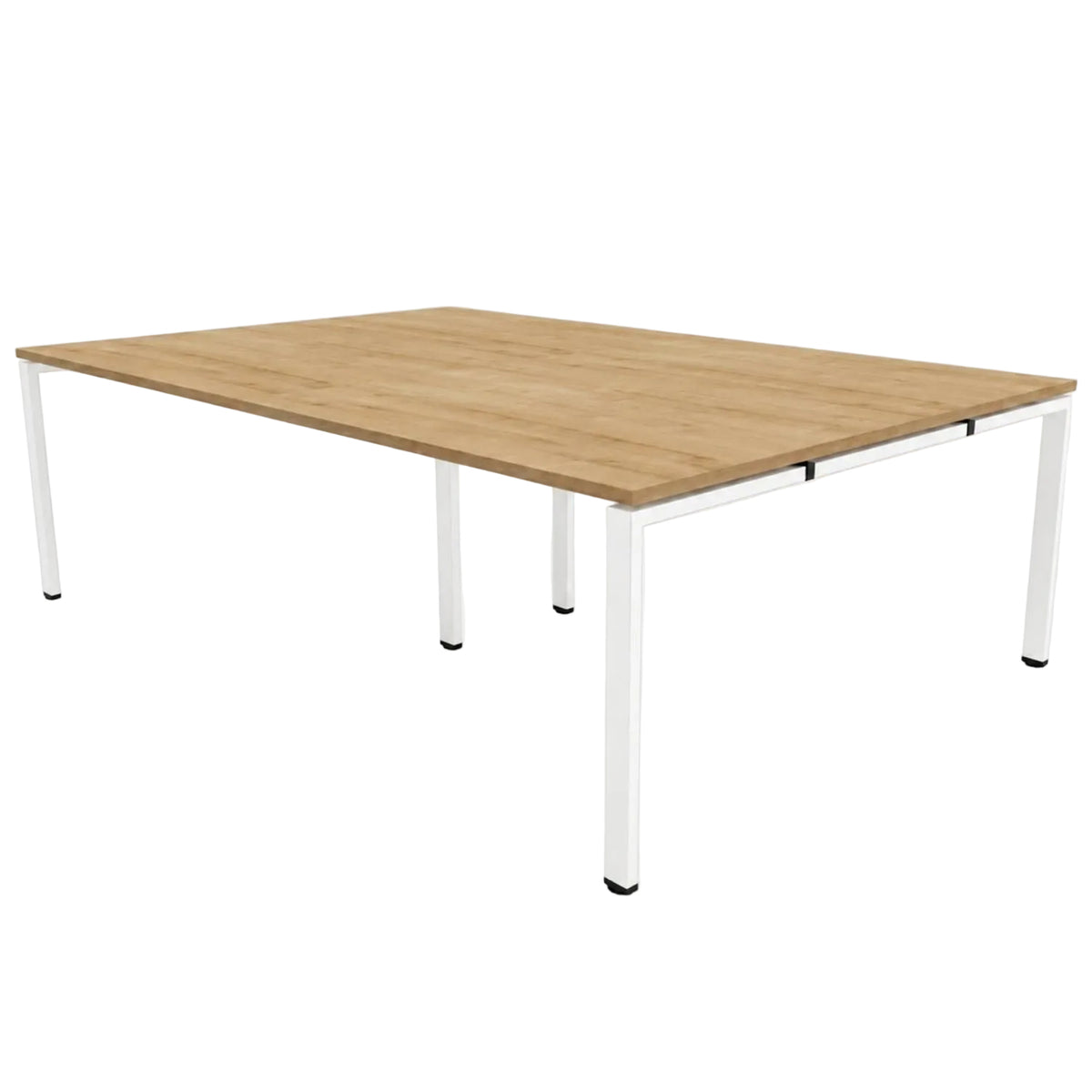 Bench desk for 4 people with oak desktop and white frame, designed as a shared workstation for four users