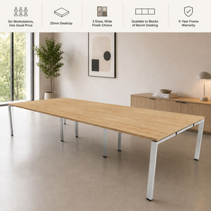 Bench desk for 6 people feature graphic showing six workstations on silver frame and oak desk top