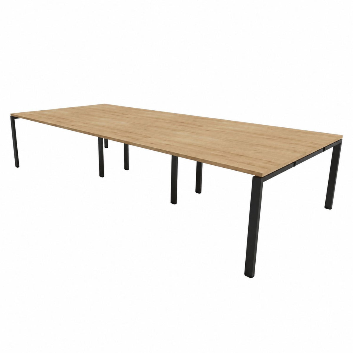 Bench desk for 6 people with oak desktop and black frame, designed as a shared workstation for six users