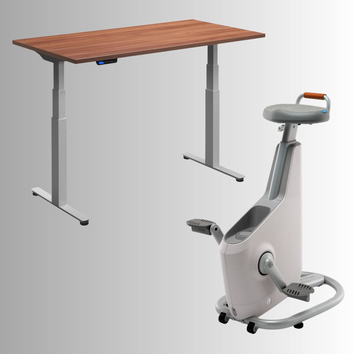Bicycle with Desk - Rize Spin - Silver Frame Desk - Natural Dijon Walnut Top - Ampera Bike in Glacier White Colour