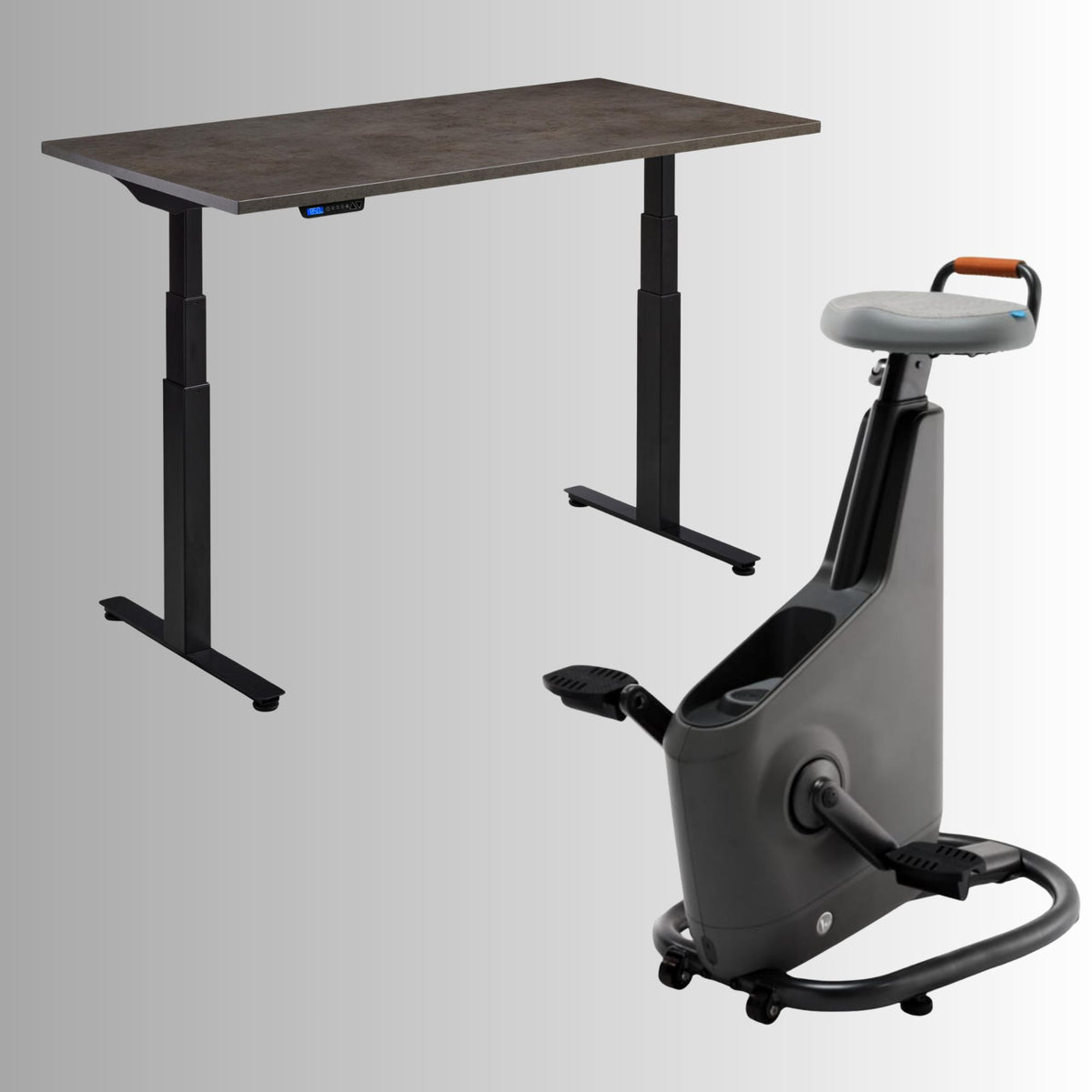 Bike with Desk - Rize Spin - Black Frame Desk - Dark Concrete Top - Ampera Bike in Space Grey Colour