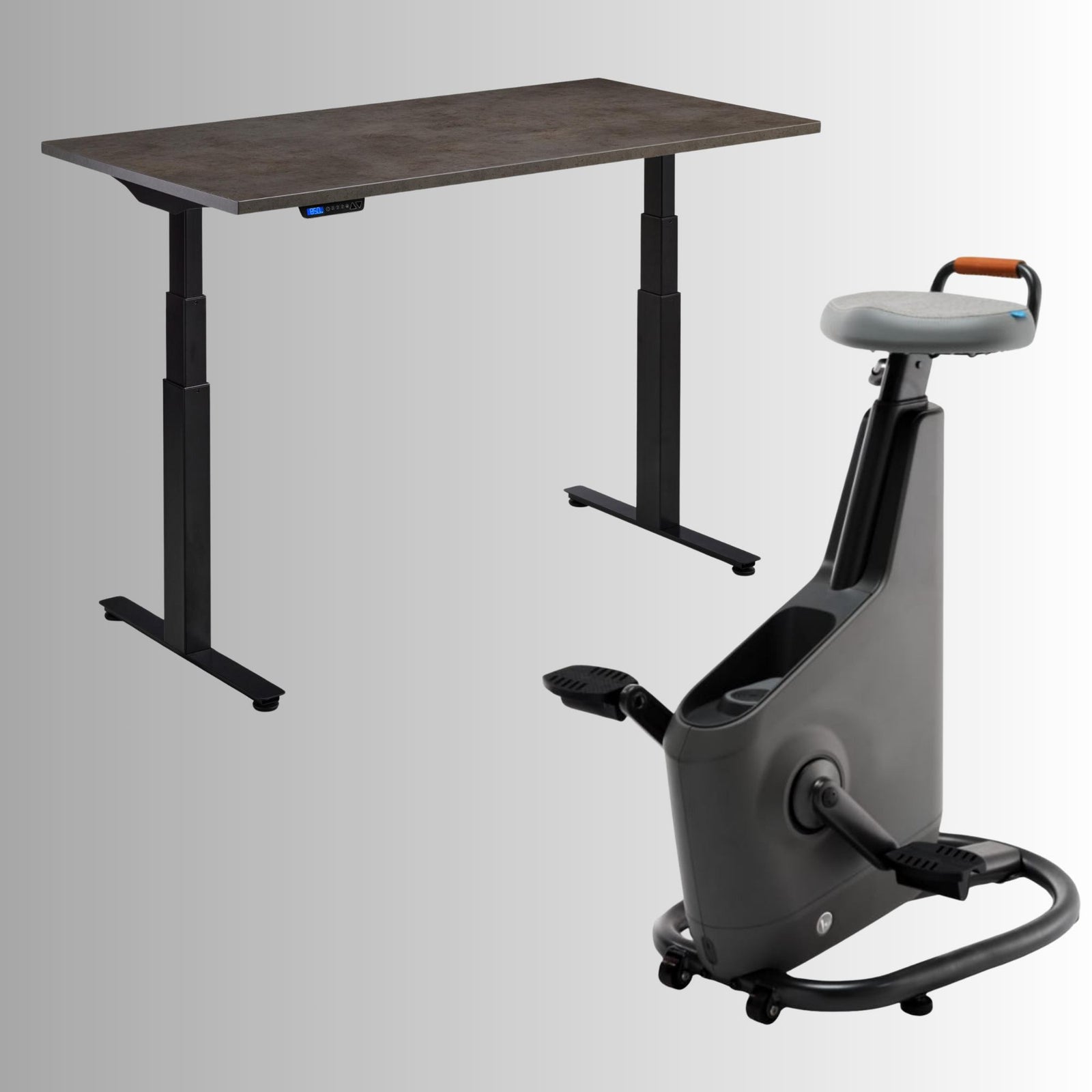 Bike with Desk - Rize Spin - Black Frame Desk - Dark Concrete Top - Ampera Bike in Space Grey Colour