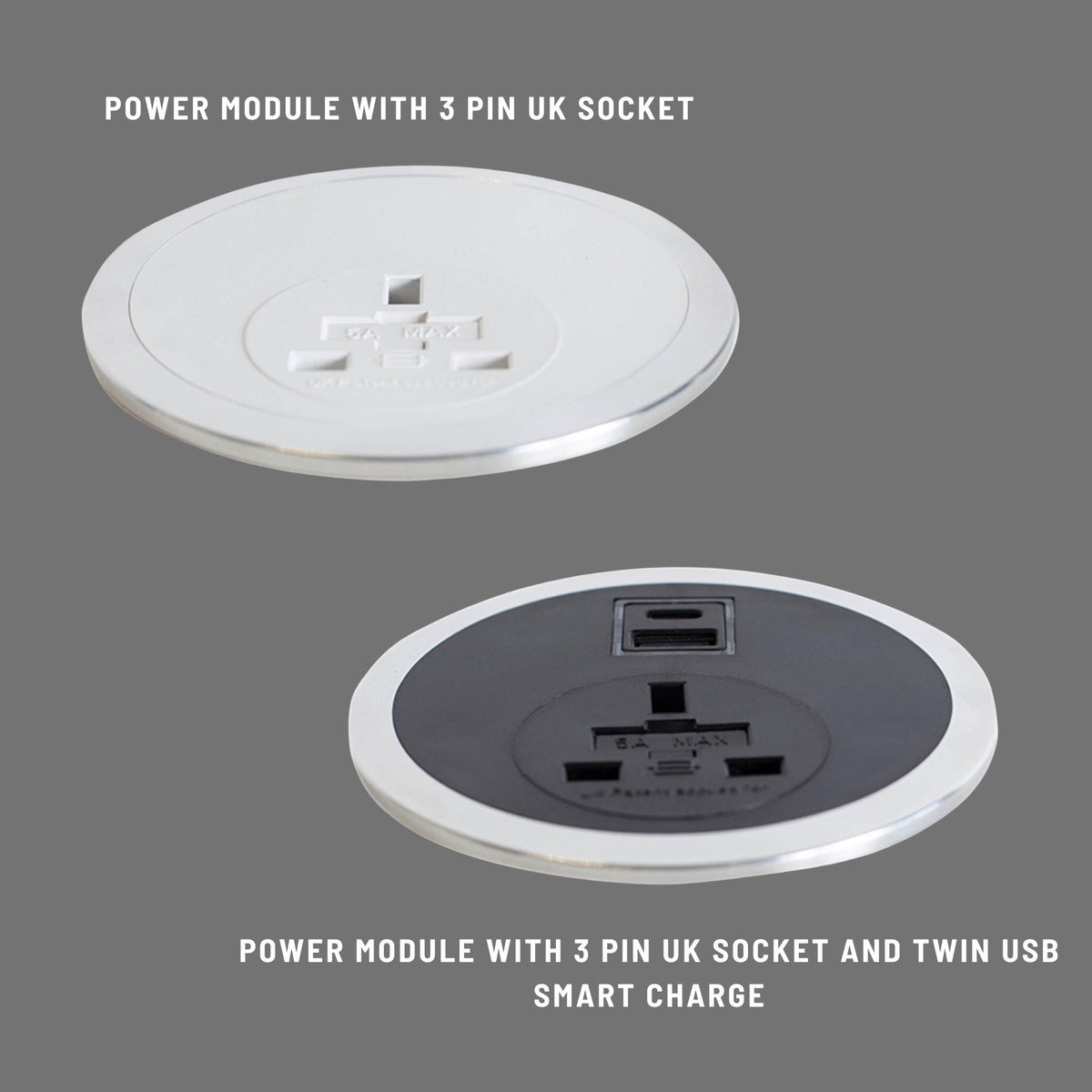 Built In Desk Top Power Module - Showing the 3 Pin UK Socket and with USB Smart Charge