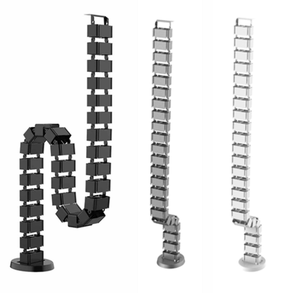 Cable tidy for sit stand desk in black silver and white