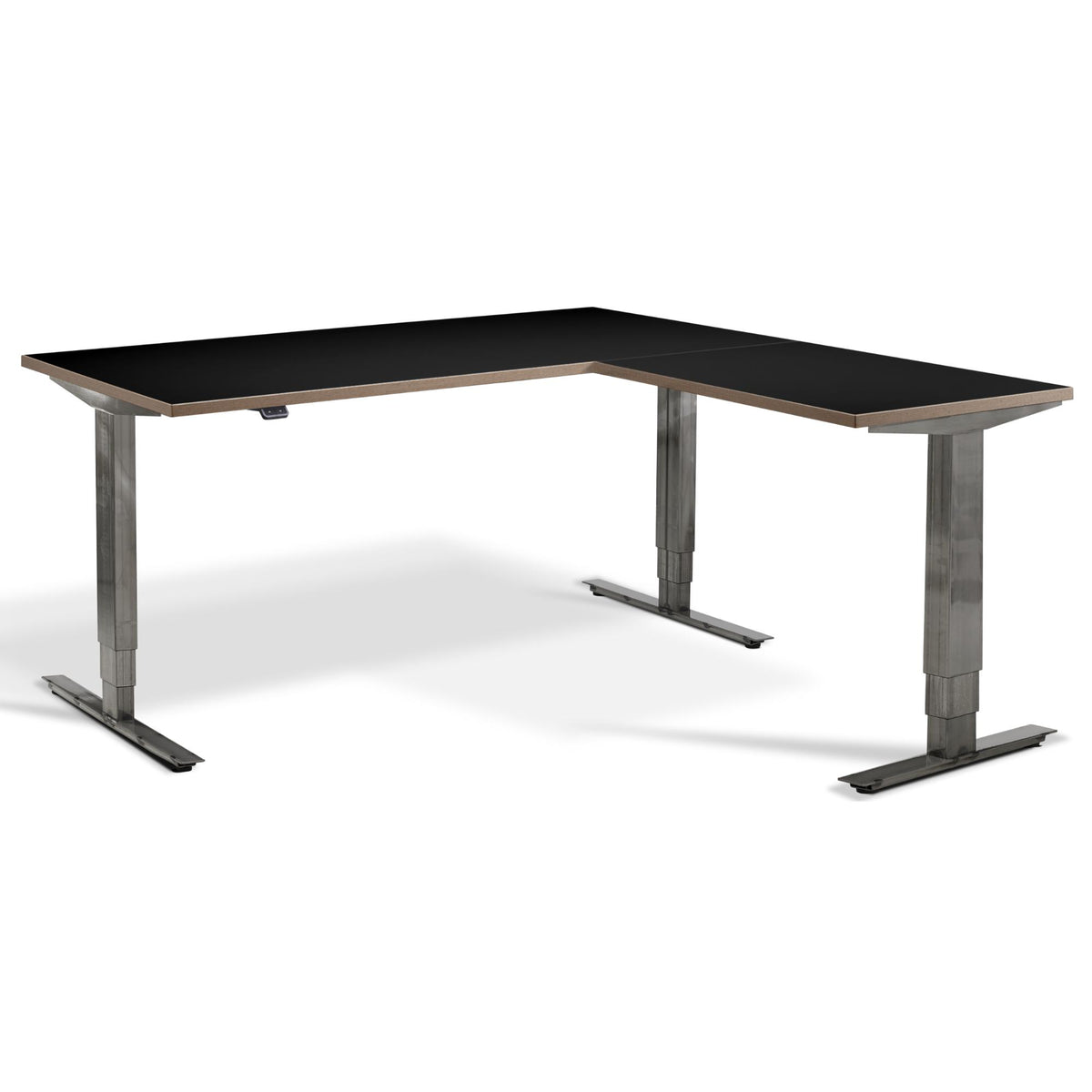 Corner Industrial Sit Stand Desk - Smyth - Black Ply Edge Top - Studio Image
