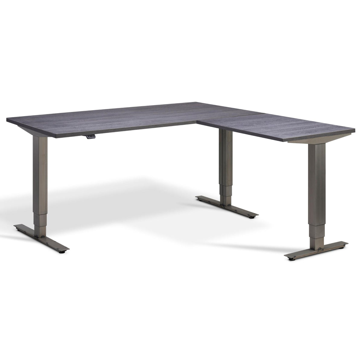 Corner Industrial Sit Stand Desk - Smyth - Anthracite Sherman Oak Top - Studio Image