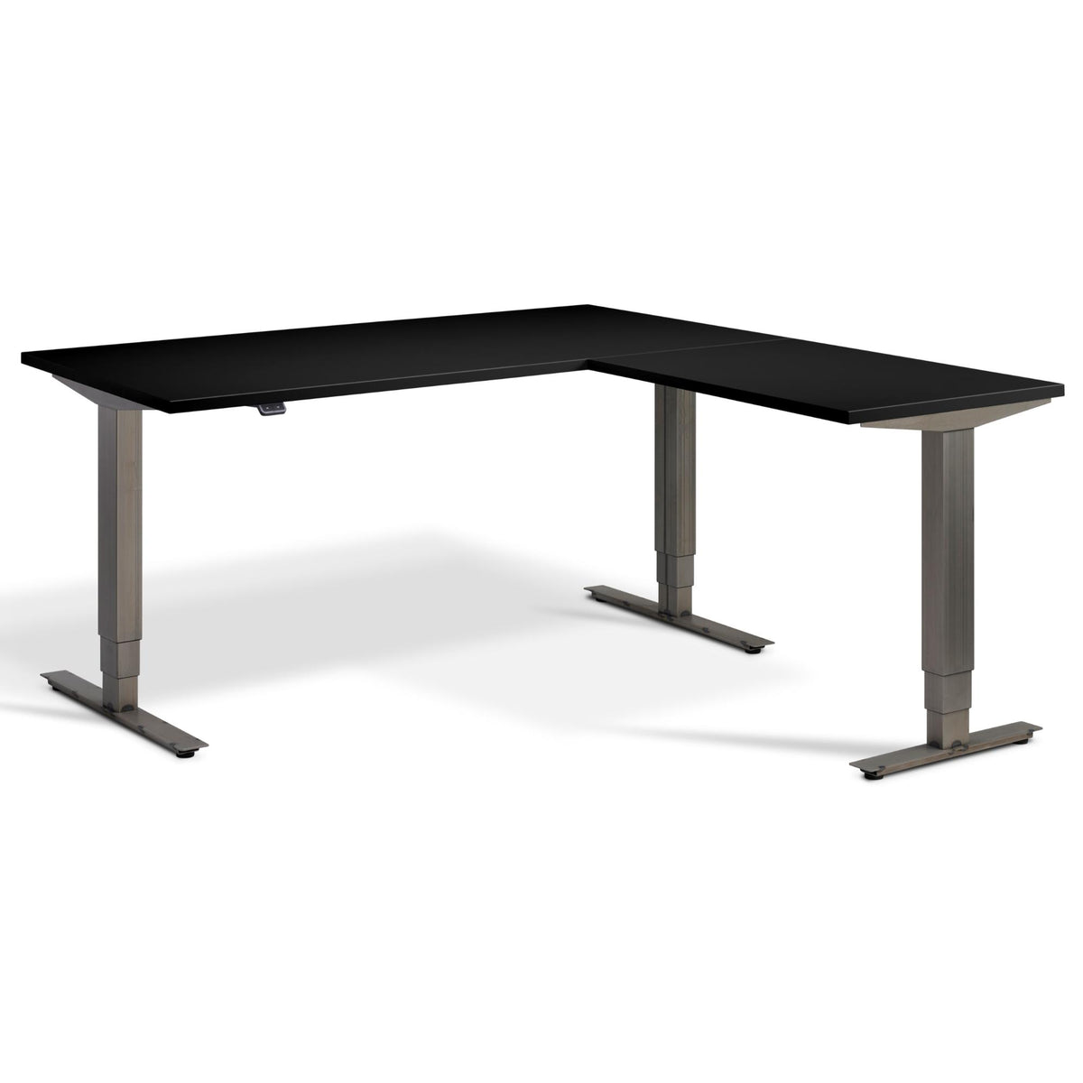 Corner Industrial Sit Stand Desk - Smyth - Black Top - Studio Image