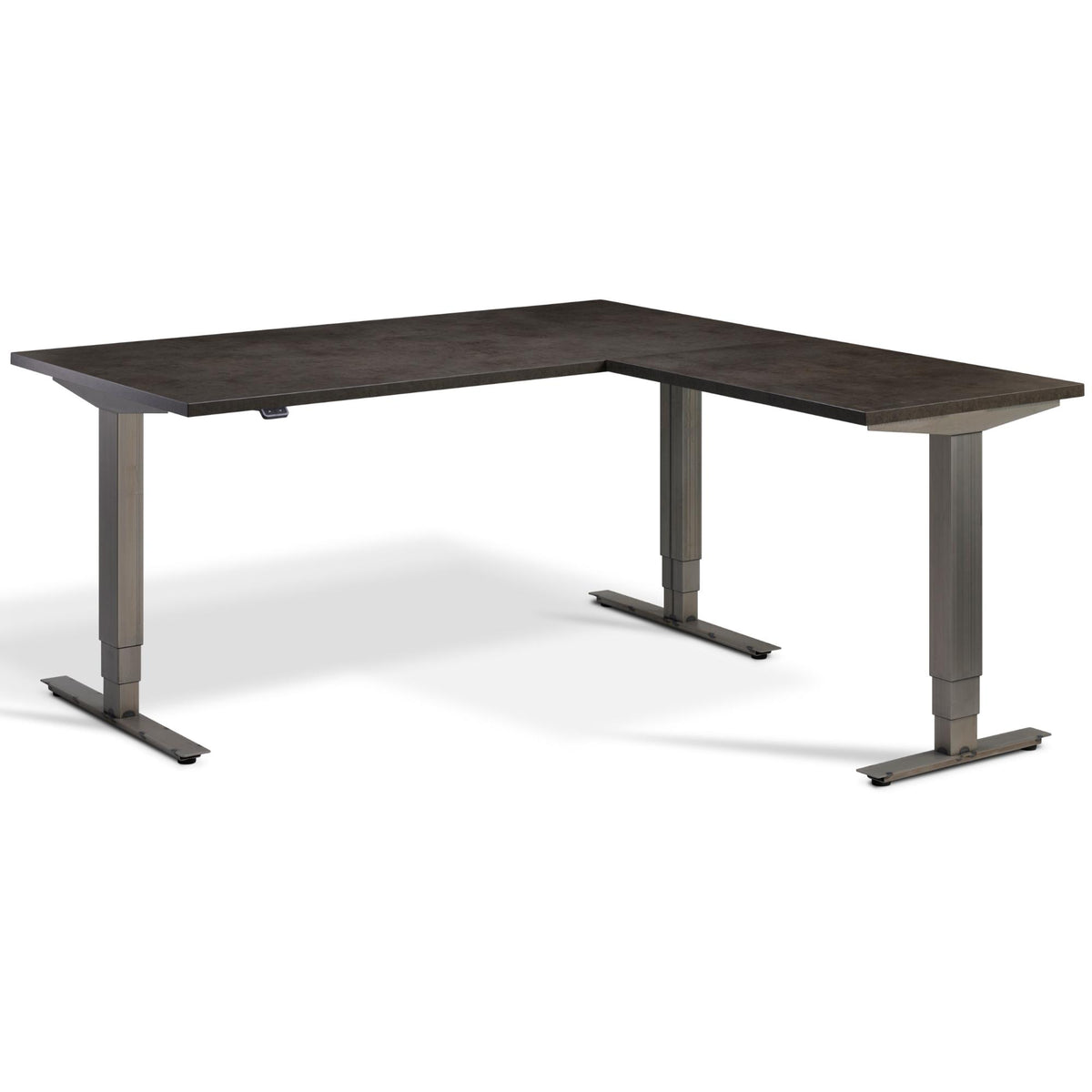 Corner Industrial Style Sit Stand Desk - Smyth - Dark Concrete Top - Studio Image