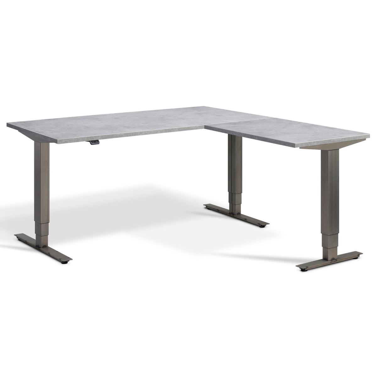 Corner Industrial Style Sit Stand Desk - Smyth - Light Concrete Top - Studio Image