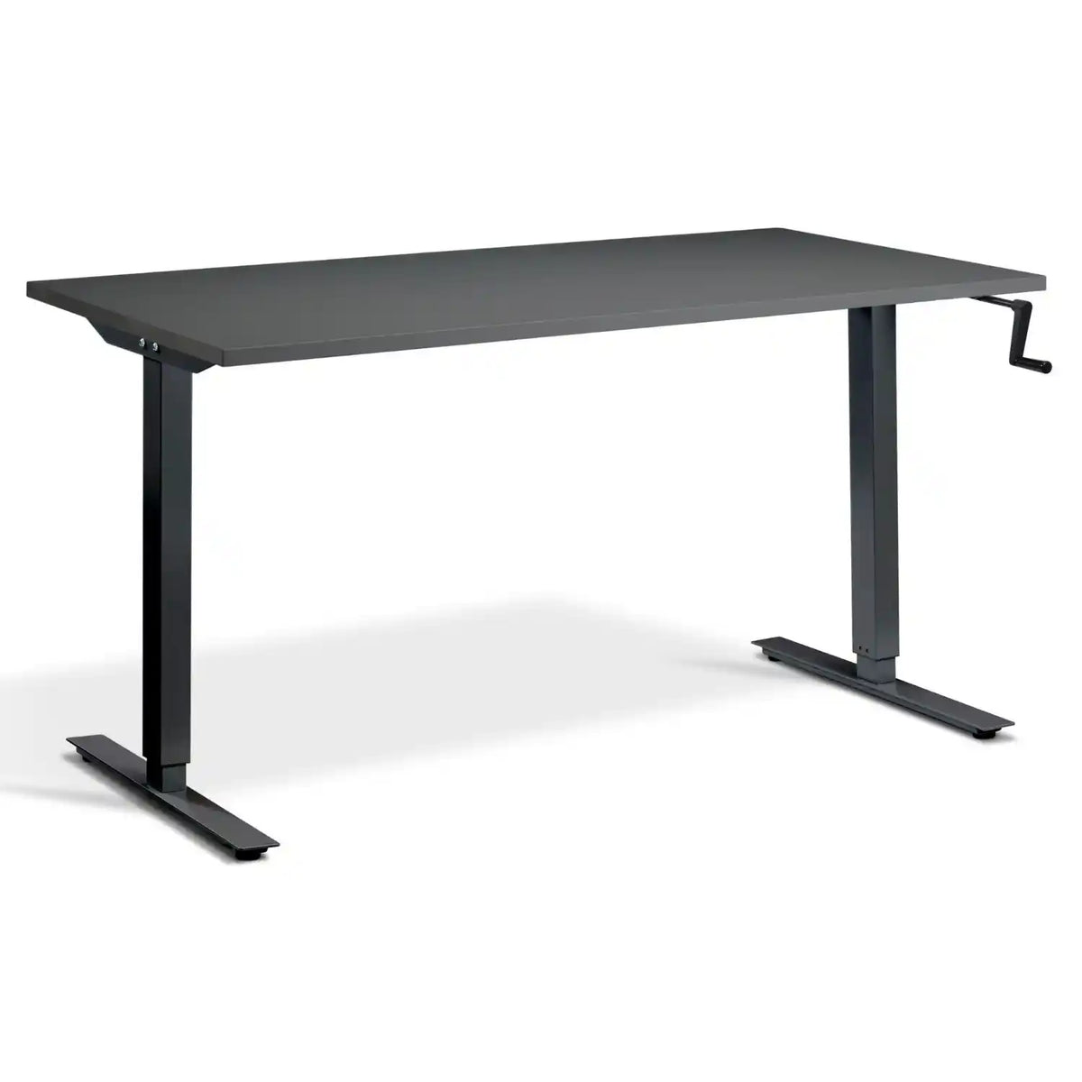 Crank height adjustable standing desk with a graphite desk top, black frame and hand crank