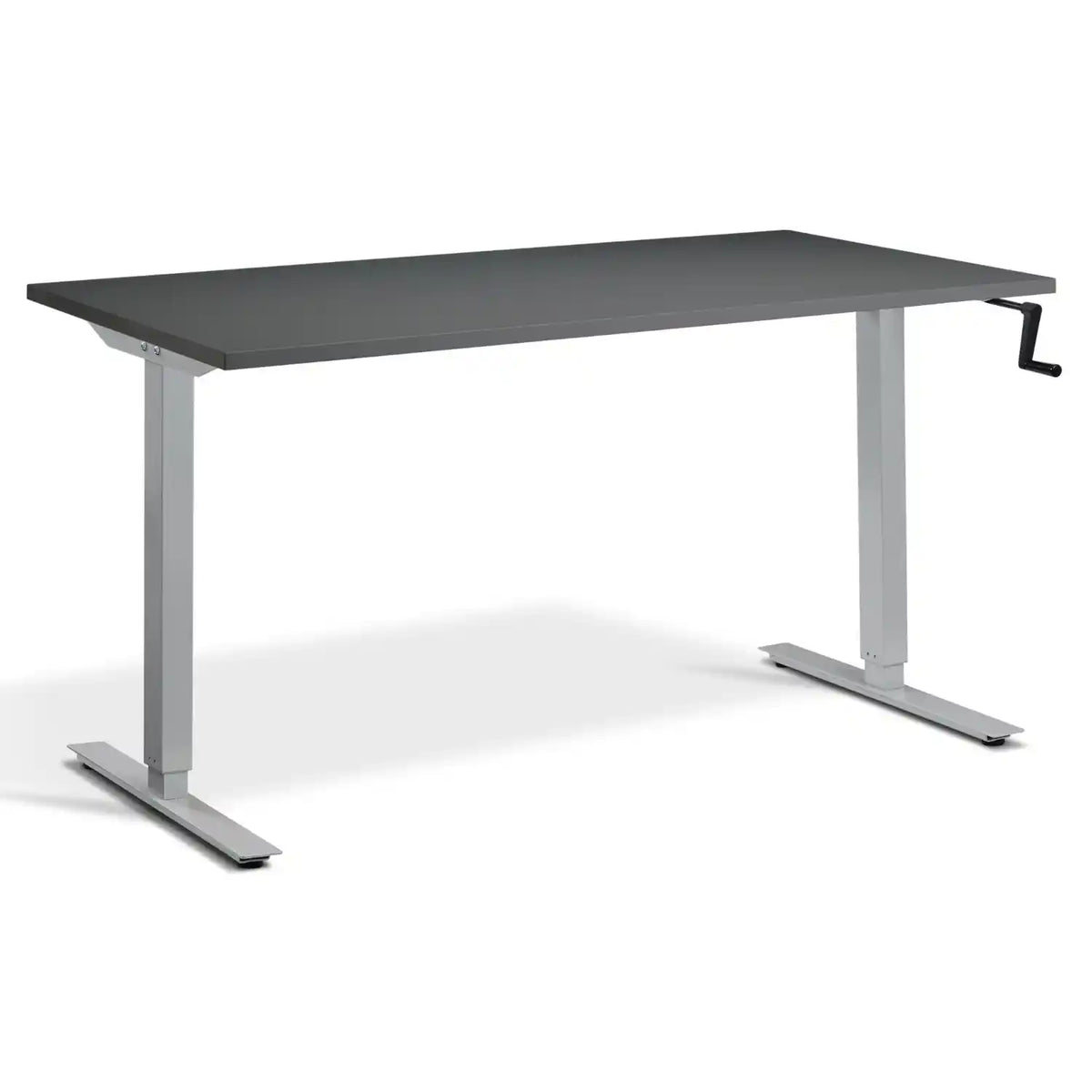 Crank height adjustable standing desk with a graphite desk top, silver frame and hand crank