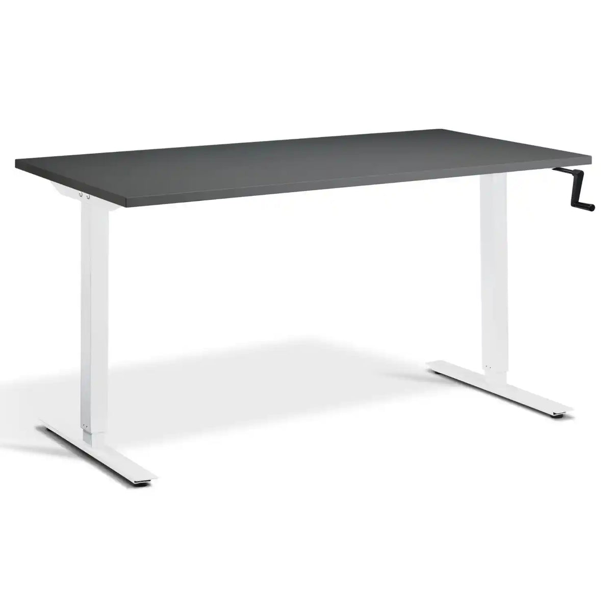 Crank height adjustable standing desk with a graphite desk top, white frame and hand crank