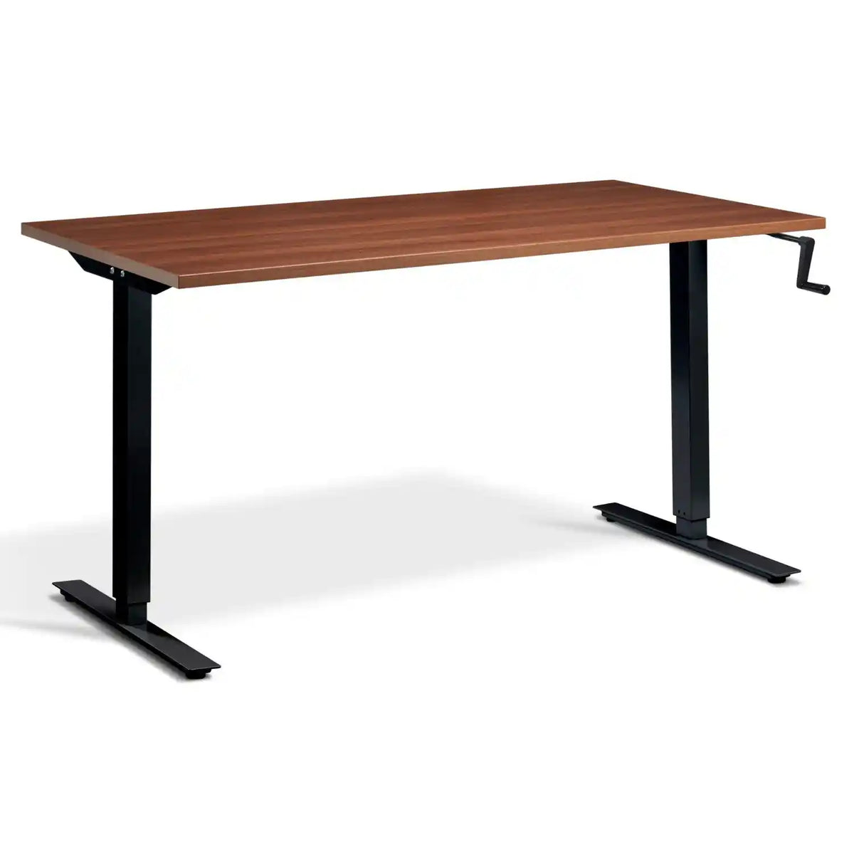 Crank height adjustable standing desk with a natural Dijon walnut desk top and black frame