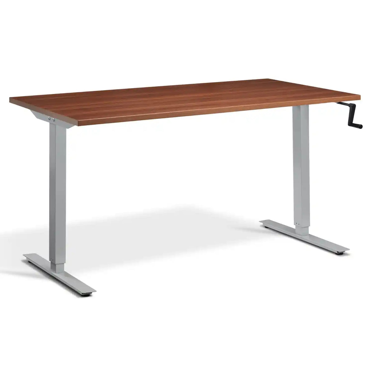 Crank height adjustable standing desk with a natural Dijon walnut desk top and silver frame