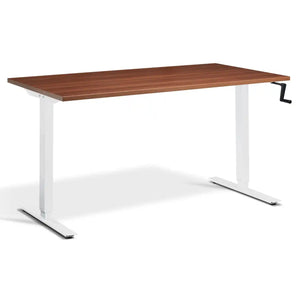 Crank height adjustable standing desk with a natural Dijon walnut desk top and white frame