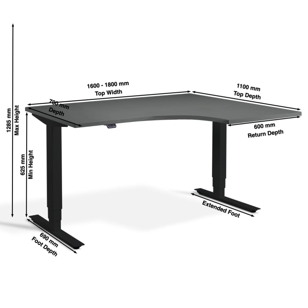 Masta 2-leg curved standing desk dimensions