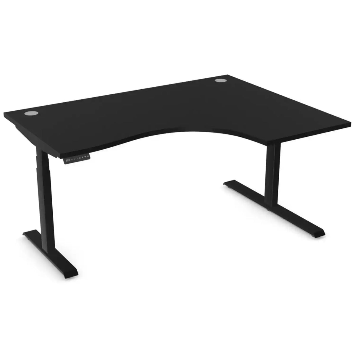 Curved height adjustable desk with 1600mm x 1200mm black desk top, black frame and right-hand return