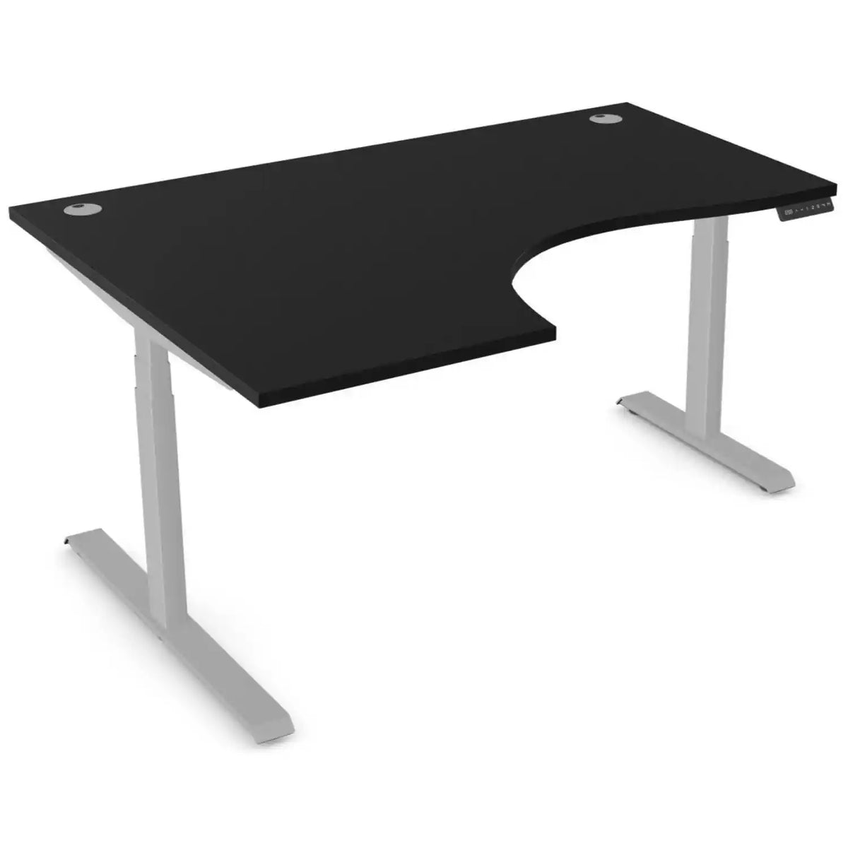 Curved height adjustable desk with 1600mm x 1200mm black desk top, silver frame and left-hand return