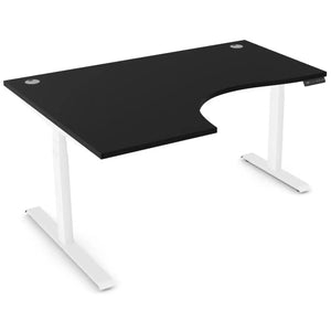 Curved height adjustable desk with 1600mm x 1200mm black desk top, white frame and left-hand return