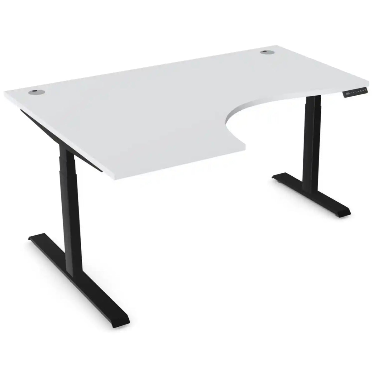 Curved height adjustable desk with 1600mm x 1200mm grey desk top, black frame and left-hand return