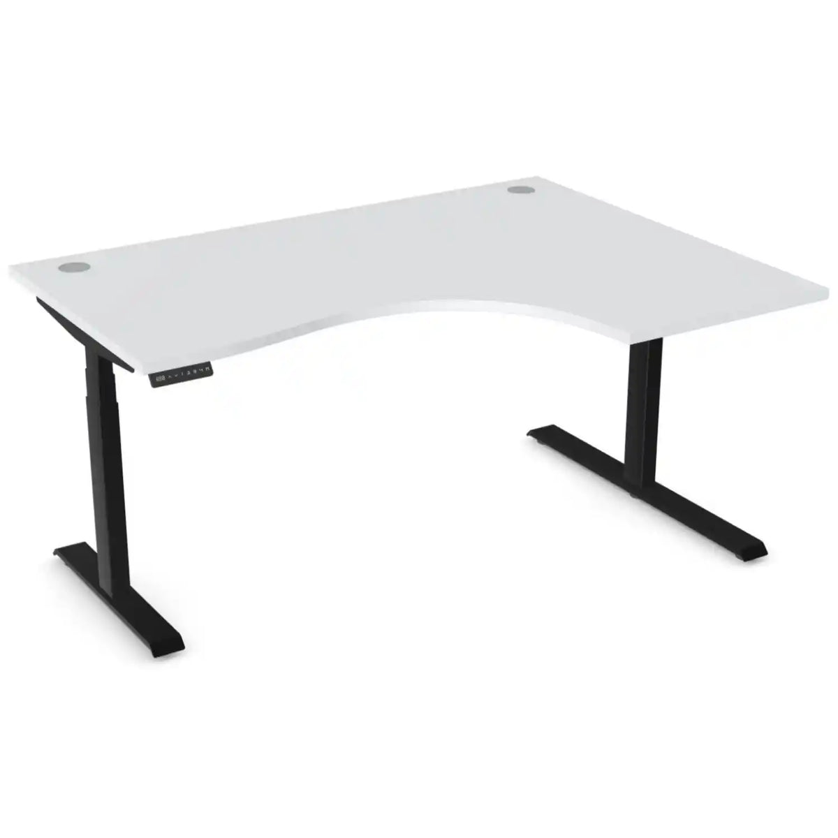 Curved height adjustable desk with 1600mm x 1200mm grey desk top, black frame and right-hand return