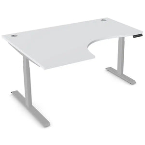 Curved height adjustable desk with 1600mm x 1200mm grey desk top, silver frame and left-hand return