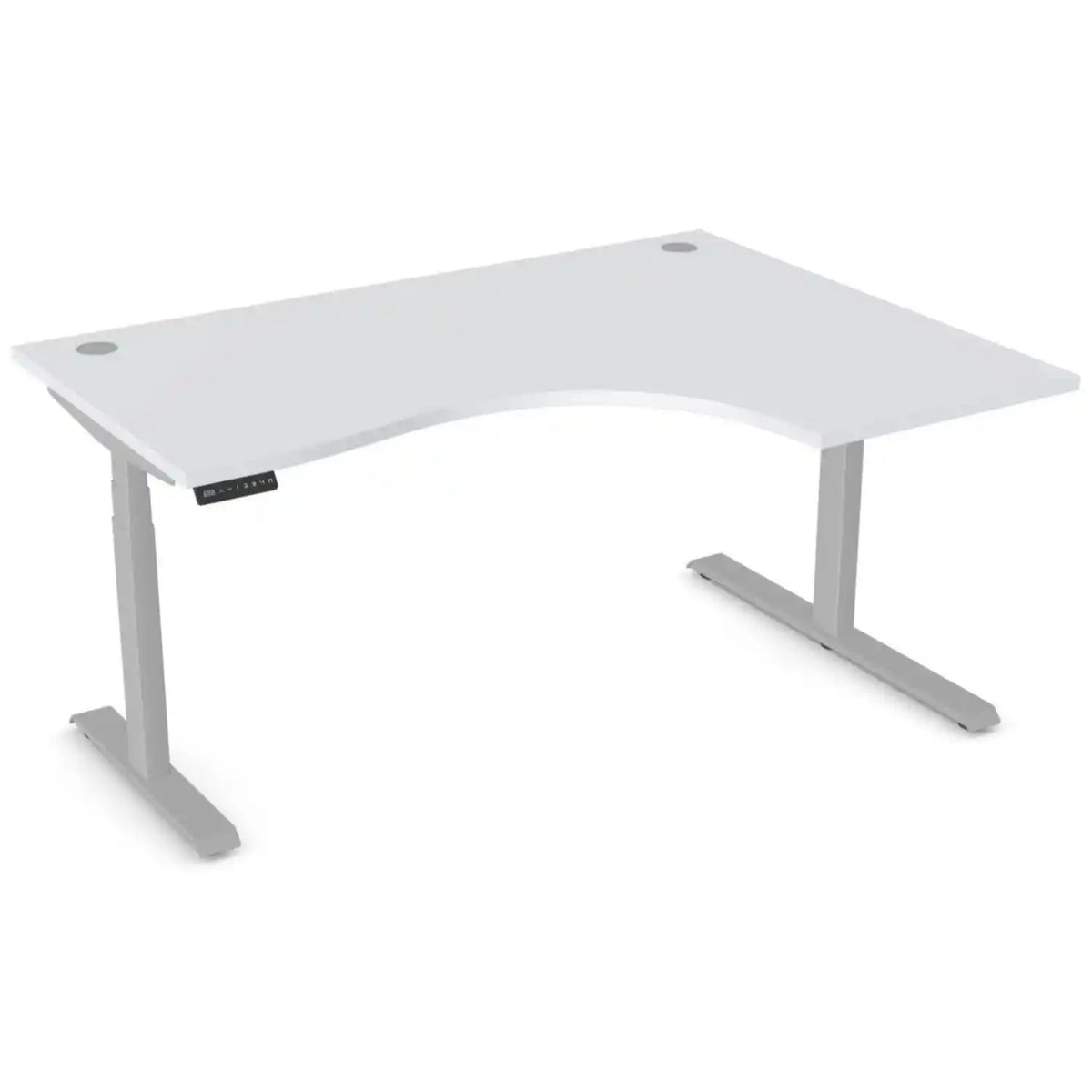 Curved height adjustable desk with 1600mm x 1200mm grey desk top, silver frame and right-hand return