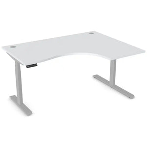 Curved height adjustable desk with 1600mm x 1200mm grey desk top, silver frame and right-hand return