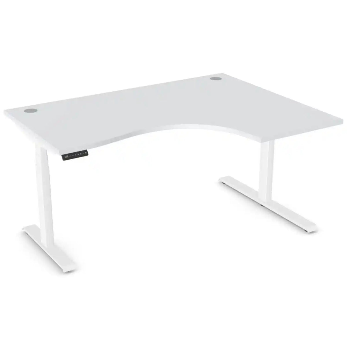 Curved height adjustable desk with 1600mm x 1200mm grey desk top, white frame and right-hand return