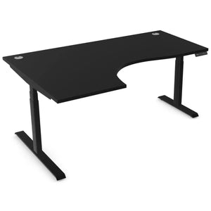 Curved height adjustable desk with 1800mm x 1200mm black desk top, black frame and left-hand return