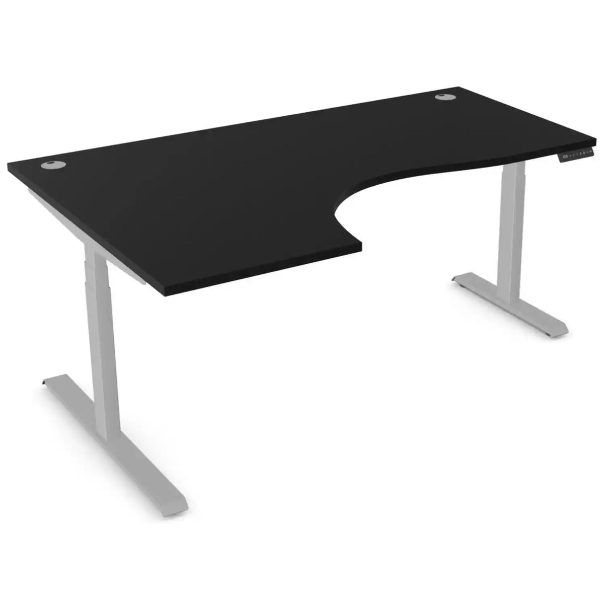Curved height adjustable desk with 1800mm x 1200mm black desk top, silver frame and left-hand return