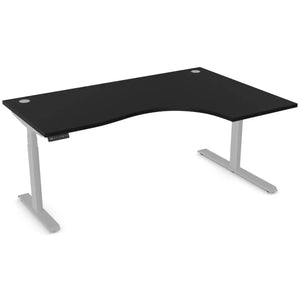 Curved height adjustable desk with 1800mm x 1200mm black desk top, silver frame and right-hand return