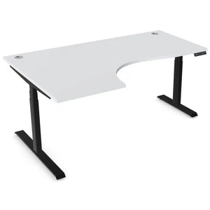 Curved height adjustable desk with 1800mm x 1200mm grey desk top, black frame and left-hand return