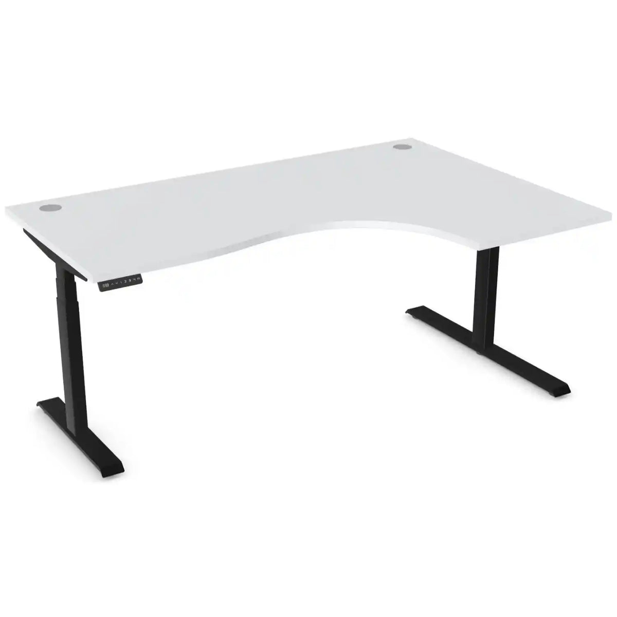 Curved height adjustable desk with 1800mm x 1200mm grey desk top, black frame and right-hand return