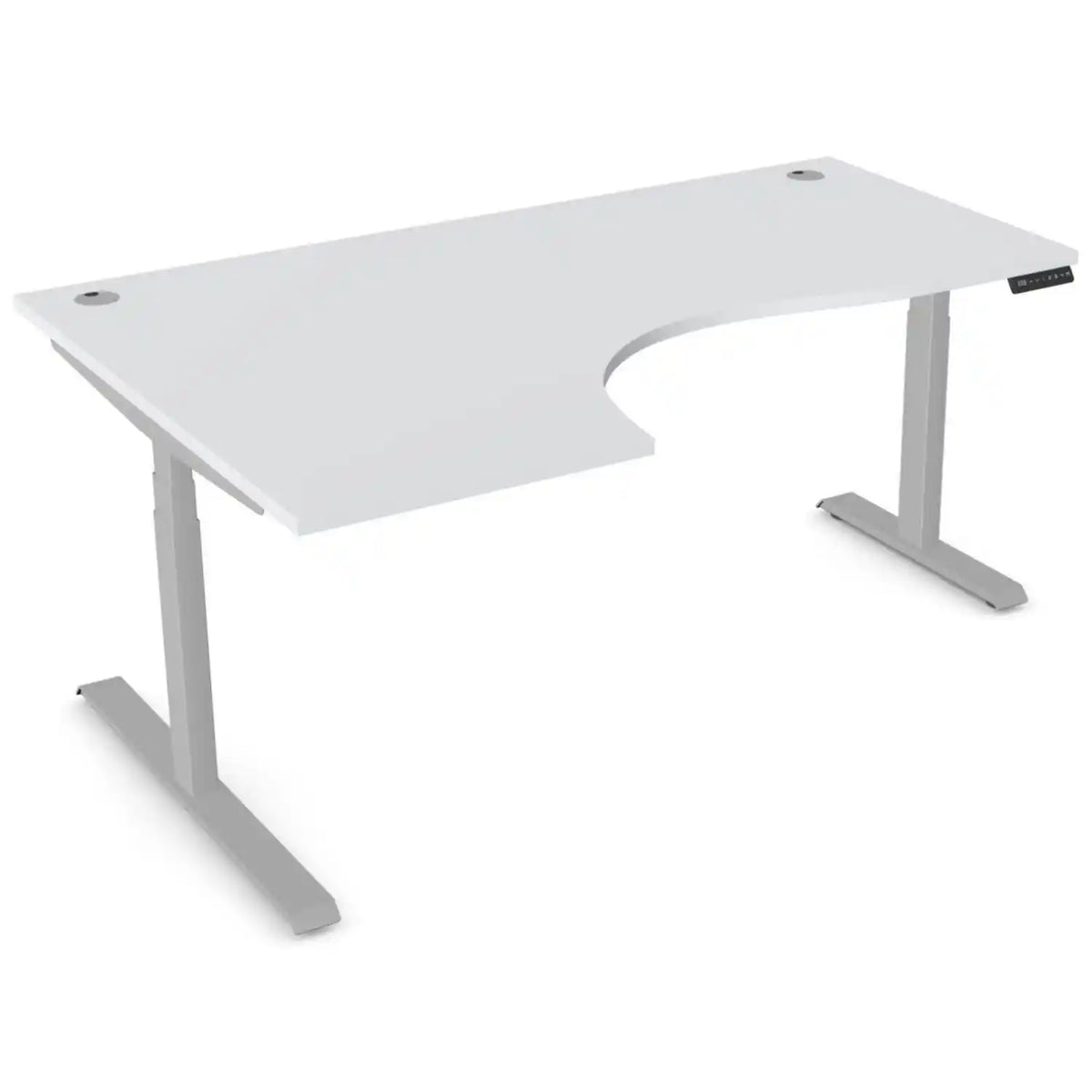 Curved height adjustable desk with 1800mm x 1200mm grey desk top, silver frame and left-hand return