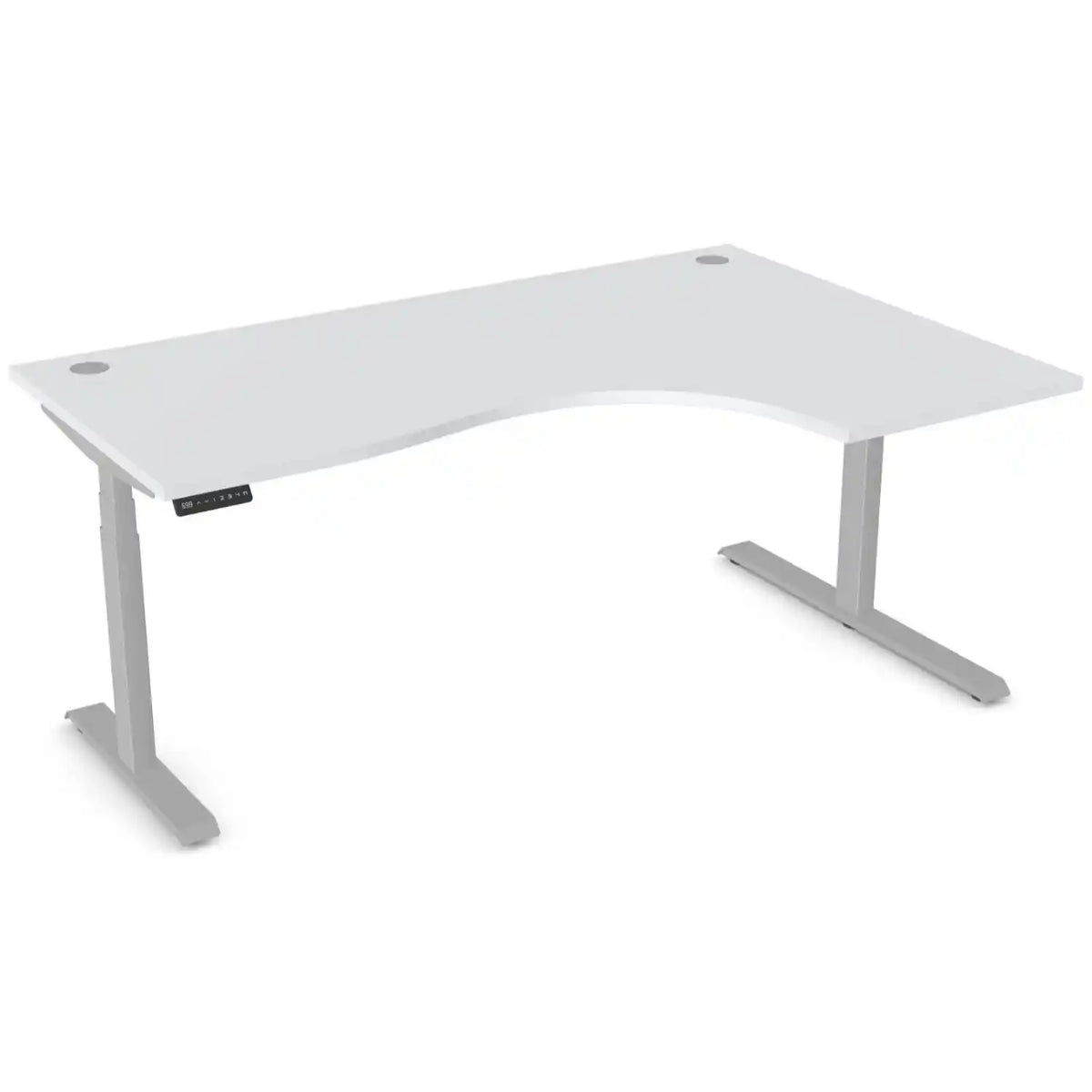 Curved height adjustable desk with 1800mm x 1200mm grey desk top, silver frame and right-hand return