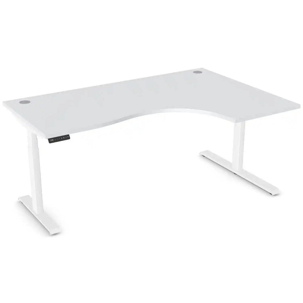 Curved height adjustable desk with 1800mm x 1200mm grey desk top, white frame and right-hand return