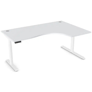 Curved height adjustable desk with 1800mm x 1200mm grey desk top, white frame and right-hand return