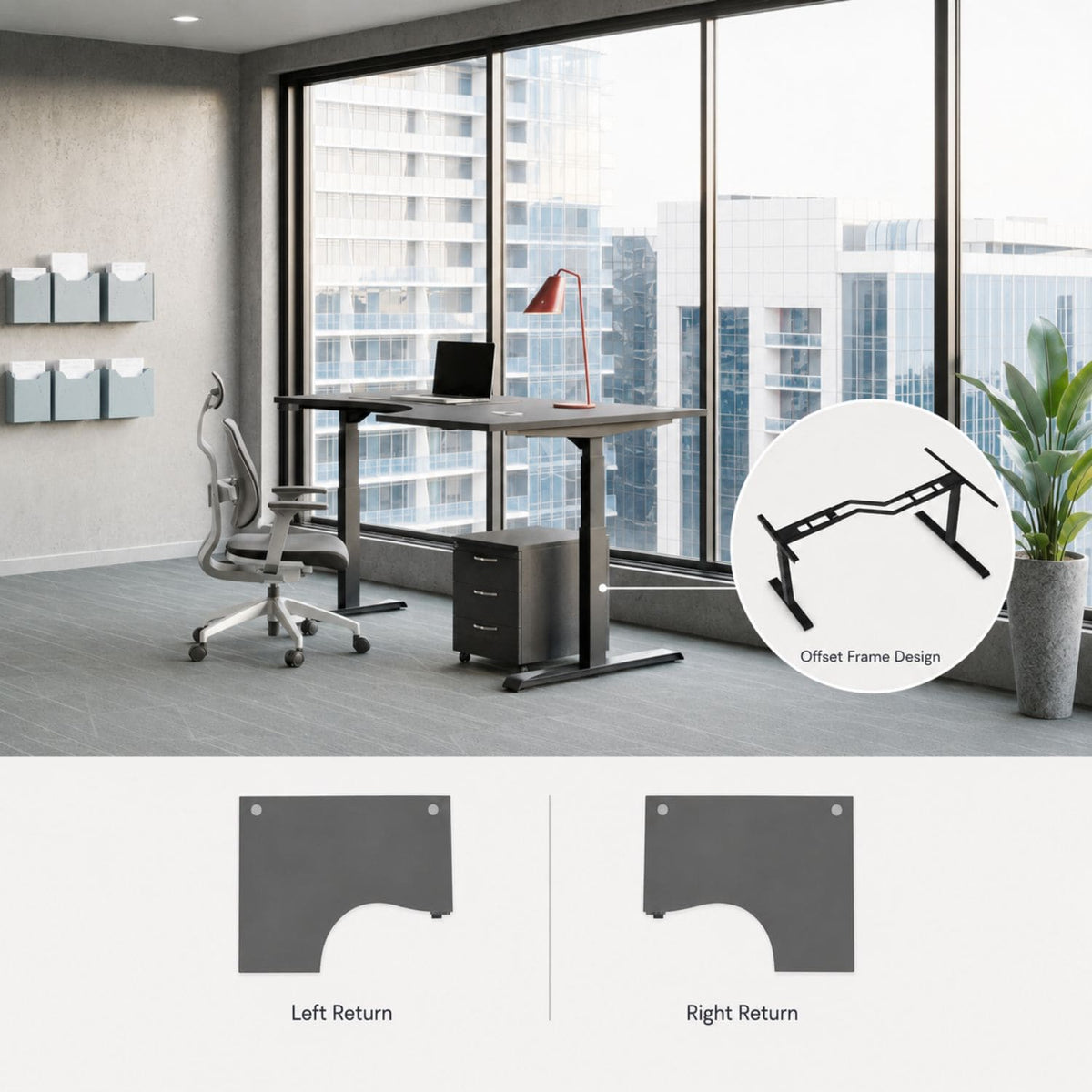 Curved height adjustable desk with offset frame design and left-hand or right-hand return desk top options
