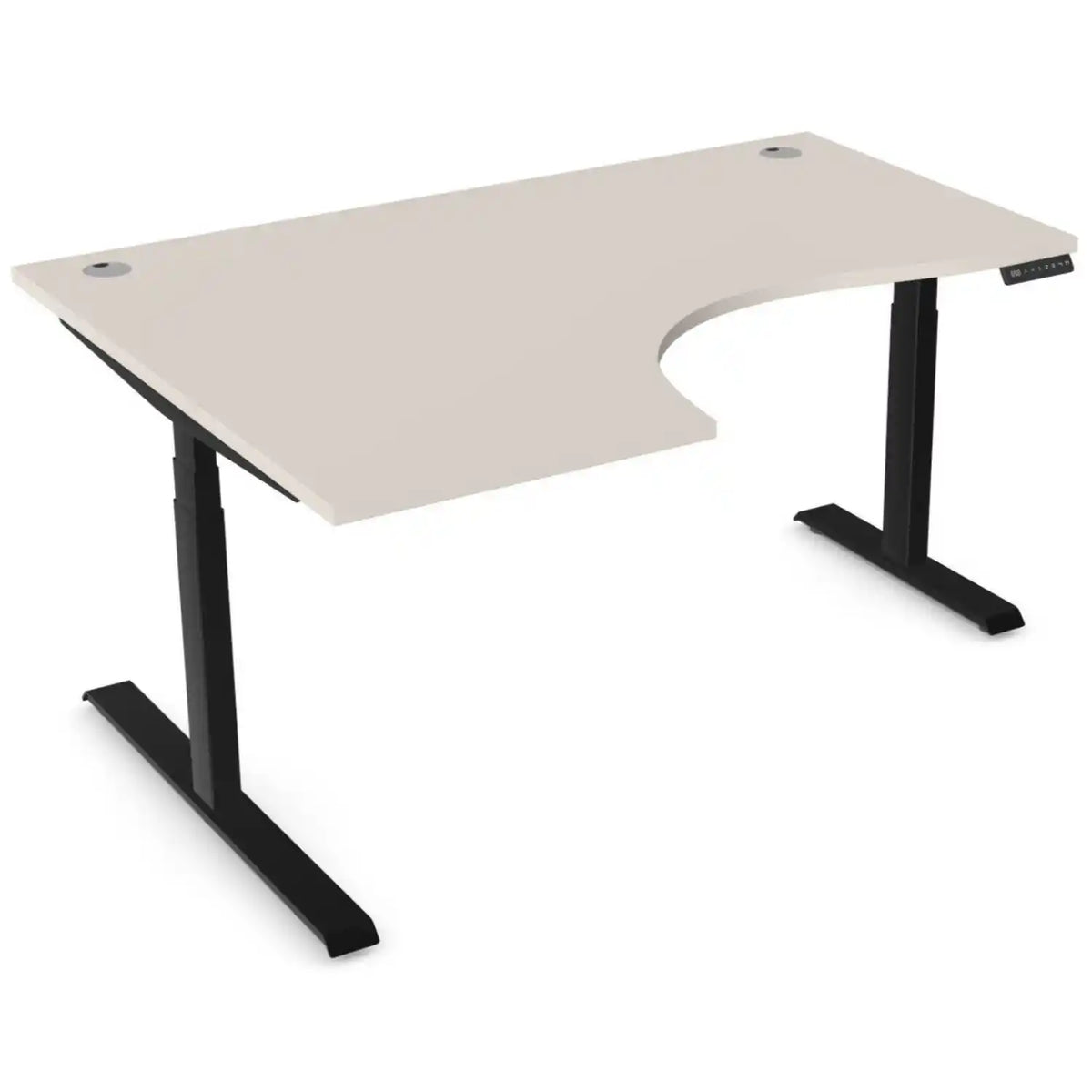Curved sit stand desk with 1600mm x 1200mm cashmere desk top, black frame and left-hand return