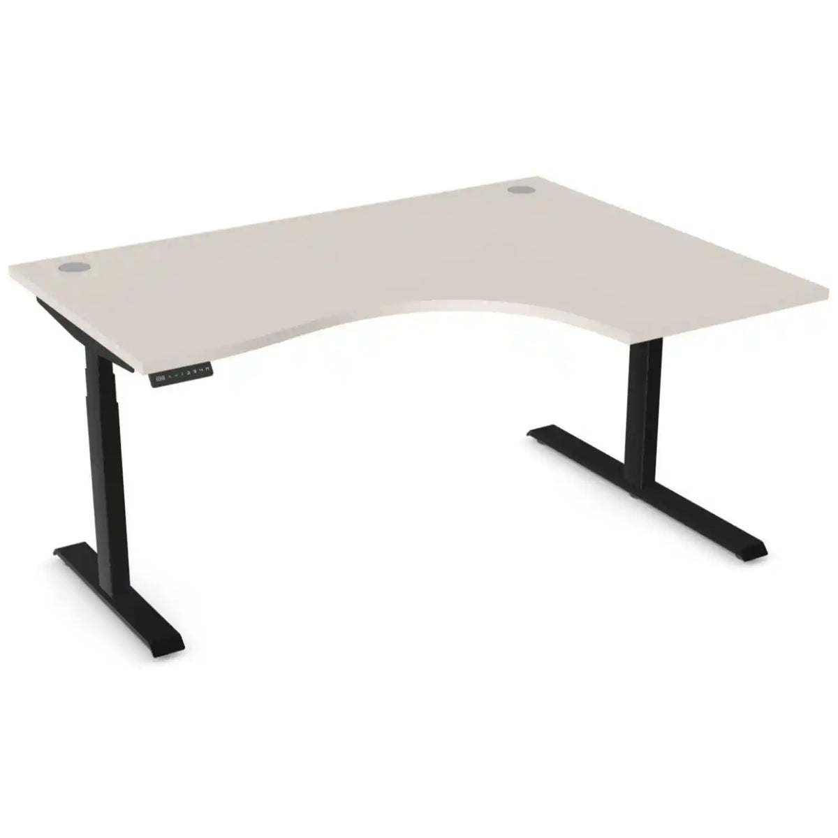 Curved sit stand desk with 1600mm x 1200mm cashmere desk top, black frame and right-hand return